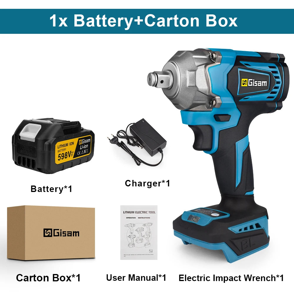 Gisam 1200N.M Torque Brushless Electric Impact Wrench 1/2 inch Cordless Wrench Screwdriver Power Tools For Makita 18V Battery Platonelstore