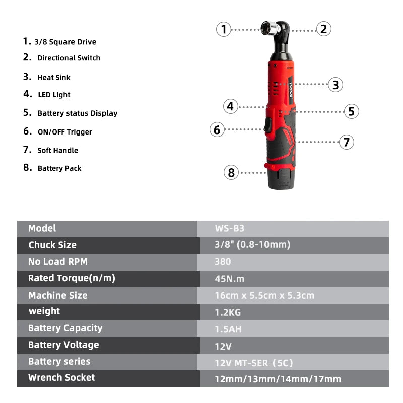 VVOSAI 45NM Cordless Electric Wrench 12V 3/8 Ratchet Wrench set Angle Drill Screwdriver to Removal Screw Nut Car Repair Tool Platonelstore