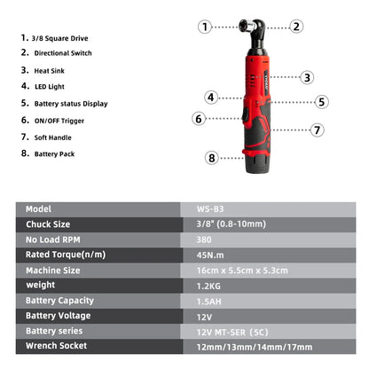 VVOSAI 45NM Cordless Electric Wrench 12V 3/8 Ratchet Wrench set Angle Drill Screwdriver to Removal Screw Nut Car Repair Tool Platonelstore