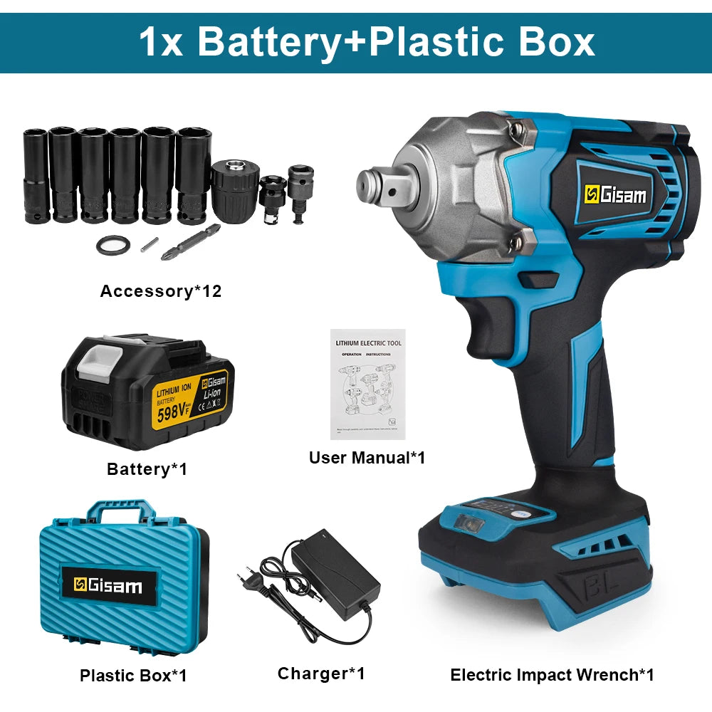 Gisam 1200N.M Torque Brushless Electric Impact Wrench 1/2 inch Cordless Wrench Screwdriver Power Tools For Makita 18V Battery Platonelstore