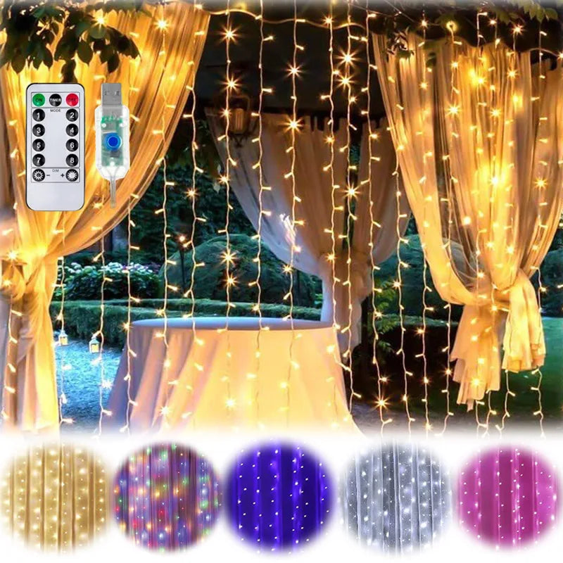 LED Curtain String Lights Christmas Garland Decor Fairy Light 8 Modes USB Remote Control Wedding Holiday Party for Bedroom Home Platonelstore