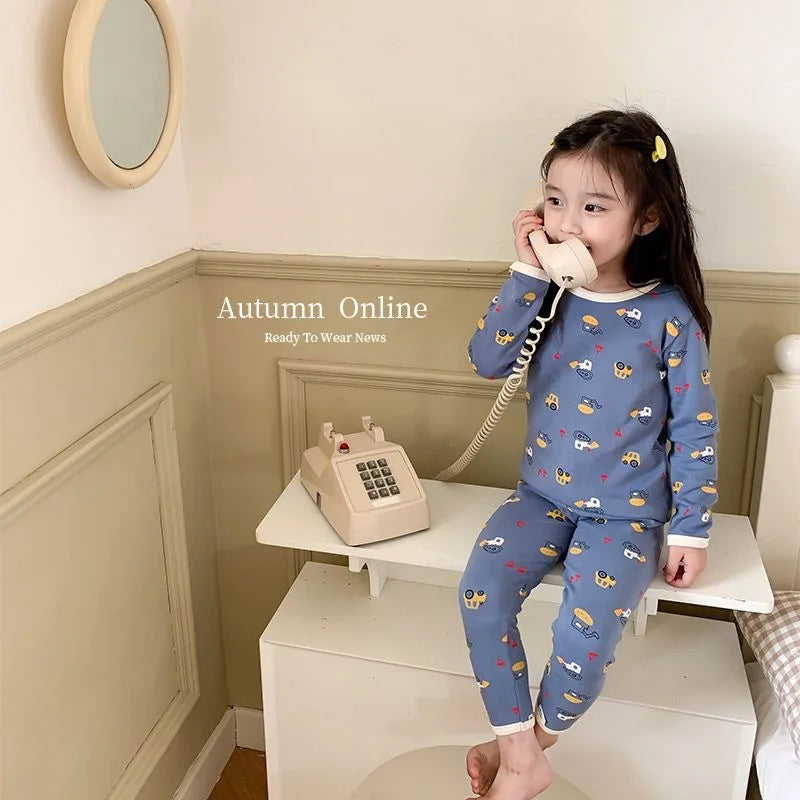 Children's Pajamas Set Autumn and Winter Long-sleeved Tops Cute Design Cartoon Pattern + Trousers Simple Style Home Clothes Platonelstore