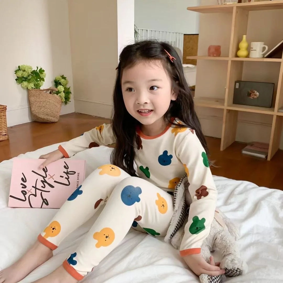 Children's Pajamas Set Autumn and Winter Long-sleeved Tops Cute Design Cartoon Pattern + Trousers Simple Style Home Clothes Platonelstore