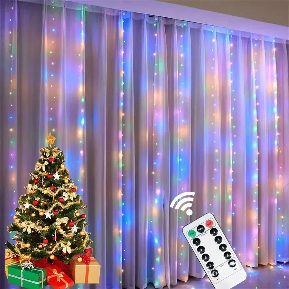 6x3M LED USB Curtain String Fairy Lights Christmas Garland 8 Modes Remote for New Year 2024 Party Garden Home Wedding Decoration Platonelstore