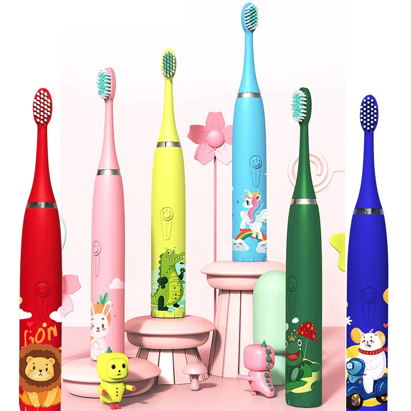 Cartoon Electric Toothbrush Twins Kids Sonic Electric Toothbrushes with 5 Replacement Brush Heads Battery Electric Teeth Brush Platonelstore