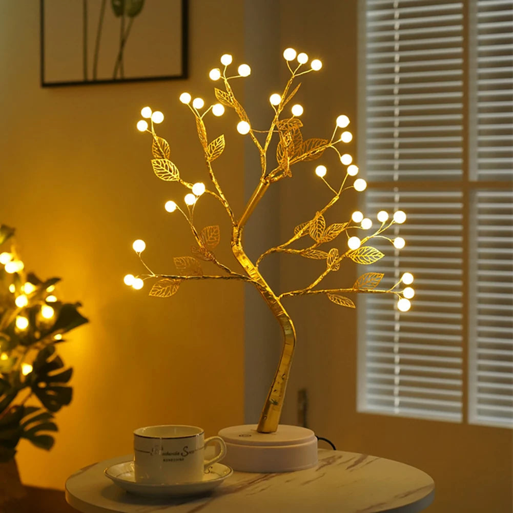 Fairy Light Spirit Tree Lamp Sparkly Tree Lamp Battery/USB Operated LED Mini Tree Warm Light Pearl Starry Night Light Platonel