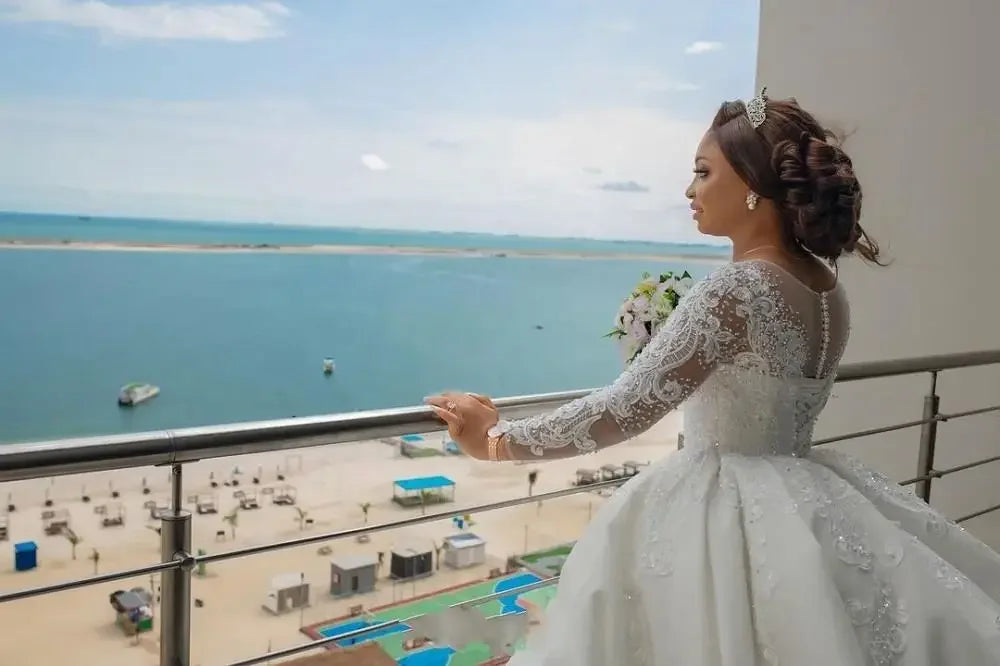 Flavinke Customized African Women Bll Gown Wedding Dresses 2025 Bridal Elegant Long Sleeves Beautiful Lace Dresses Platonelstore