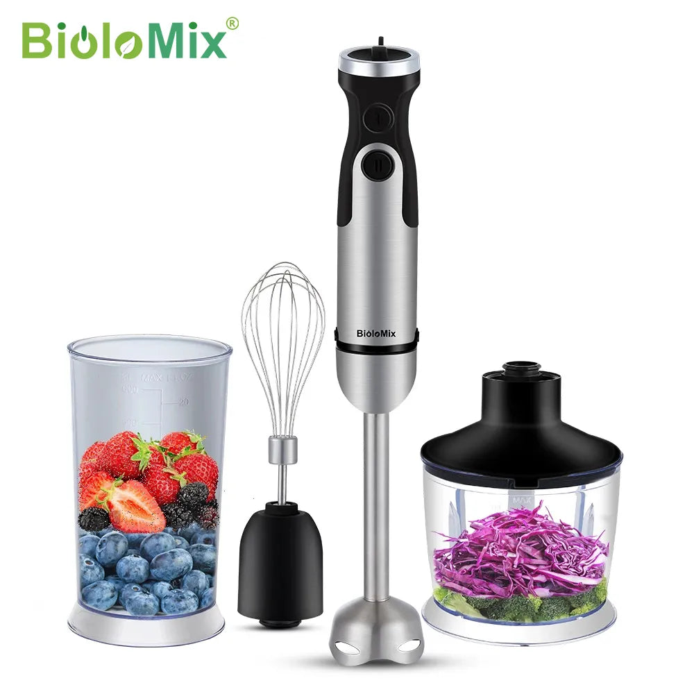 BioloMix 1200W 4-in-1 Immersion Hand Stick Blender Mixer Vegetable Meat Grinder 800ml Chopper Whisk 600ml Smoothie Cup Platonelstore