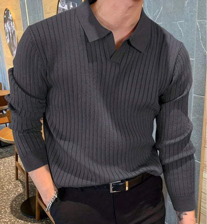 Lapel Texture Stretch Slim Knit Polo Shirt Men Polo Shirt Fashion Waffle Long-sleeved Tops Clothing Casual Comfortable Golf Men's Clothing Platonelstore