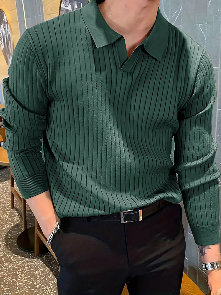 Lapel Texture Stretch Slim Knit Polo Shirt Men Polo Shirt Fashion Waffle Long-sleeved Tops Clothing Casual Comfortable Golf Men's Clothing Platonelstore