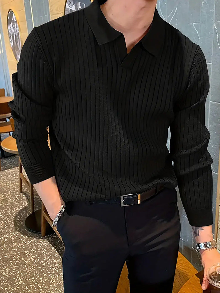 Lapel Texture Stretch Slim Knit Polo Shirt Men Polo Shirt Fashion Waffle Long-sleeved Tops Clothing Casual Comfortable Golf Men's Clothing Platonelstore