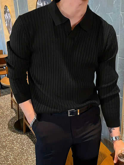 Lapel Texture Stretch Slim Knit Polo Shirt Men Polo Shirt Fashion Waffle Long-sleeved Tops Clothing Casual Comfortable Golf Men's Clothing Platonelstore