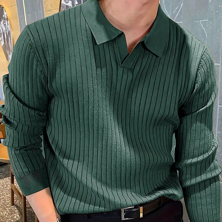 Lapel Texture Stretch Slim Knit Polo Shirt Men Polo Shirt Fashion Waffle Long-sleeved Tops Clothing Casual Comfortable Golf Men's Clothing Platonelstore
