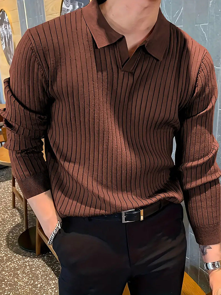 Lapel Texture Stretch Slim Knit Polo Shirt Men Polo Shirt Fashion Waffle Long-sleeved Tops Clothing Casual Comfortable Golf Men's Clothing Platonelstore