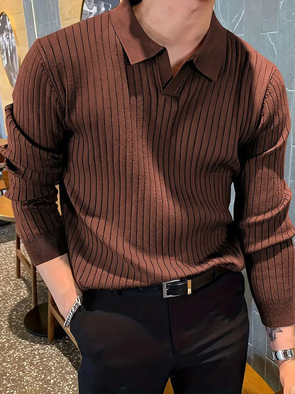 Lapel Texture Stretch Slim Knit Polo Shirt Men Polo Shirt Fashion Waffle Long-sleeved Tops Clothing Casual Comfortable Golf Men's Clothing Platonelstore